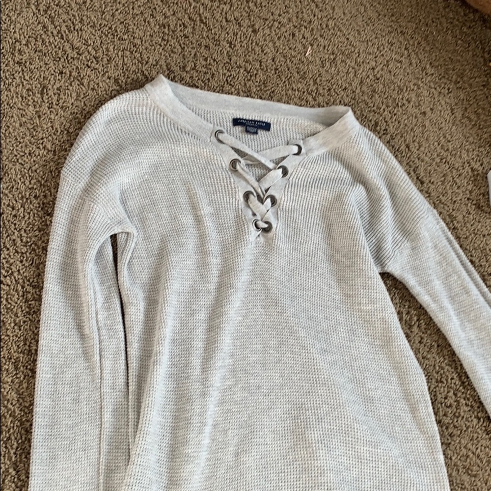 grey cross neck sweater